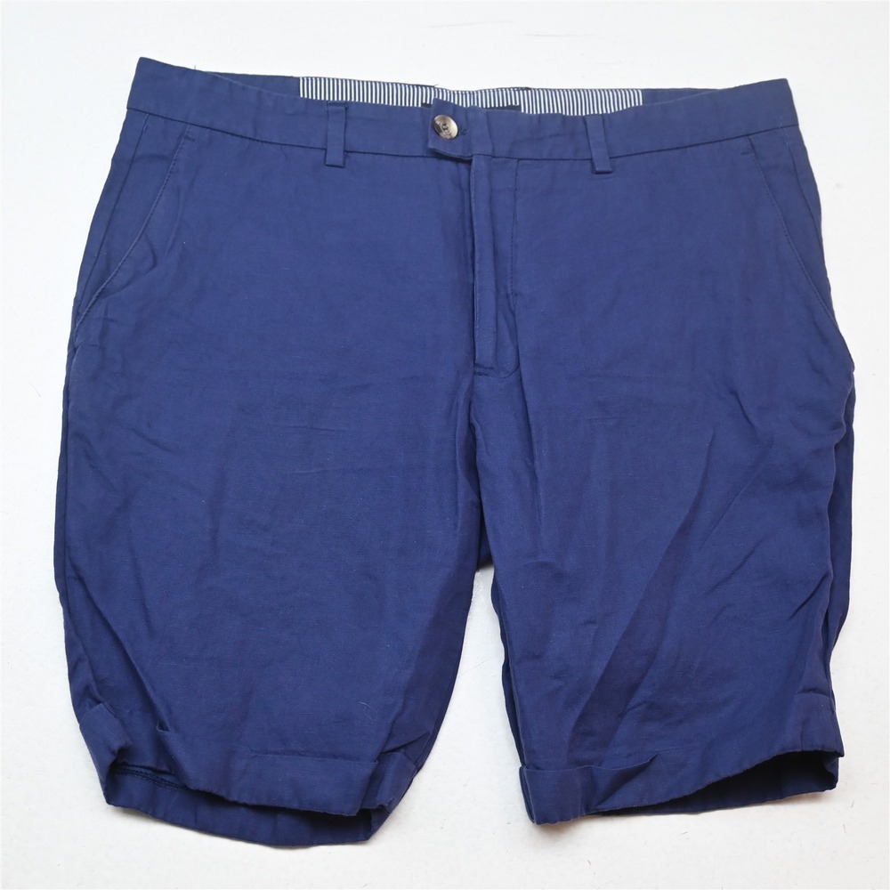 Azzaro 36x8.5" Blue Linen Flat Front Slim Dress Chino Mens Shorts